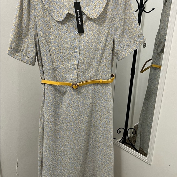 ALLEGRA K NEW Floral Gray Dress with Yellow Belt.  #02 - Picture 1 of 14